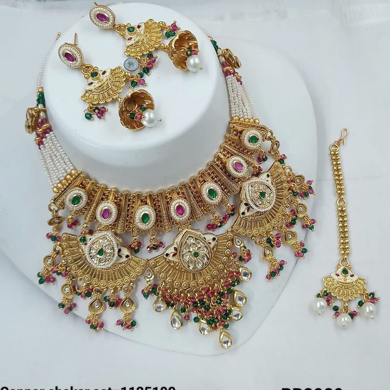 NAFJ Gold Plated Pota Stone And Pearls Meenakari Necklace Set