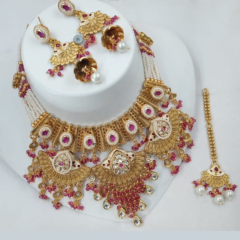 NAFJ Gold Plated Pota Stone And Pearls Meenakari Necklace Set