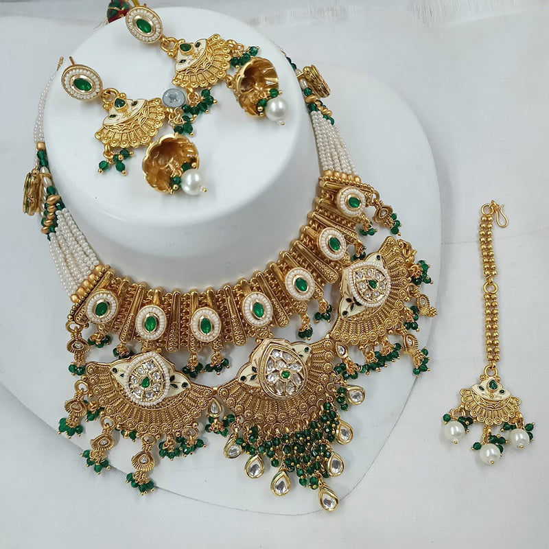 NAFJ Gold Plated Pota Stone And Pearls Meenakari Necklace Set