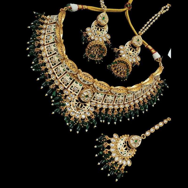 NAFJ Gold Plated Pota Stone And Pearls Meenakari Choker Necklace Set