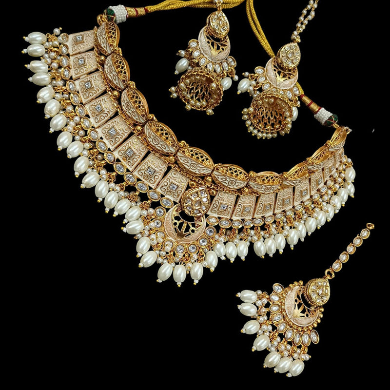 NAFJ Gold Plated Pota Stone And Pearls Meenakari Choker Necklace Set