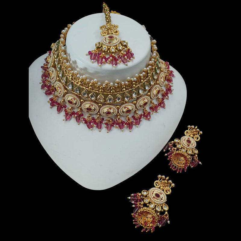 NAFJ Gold Plated Pota Stone And Pearls Meenakari Choker Necklace Set