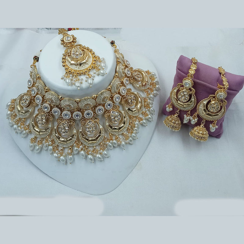 NAFJ Gold Plated Pota Stone And Pearls Meenakari Choker Necklace Set