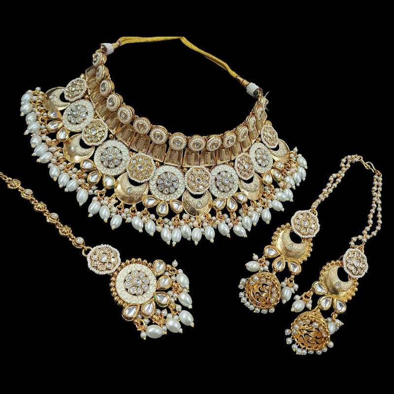 NAFJ Gold Plated Pota Stone And Pearls Meenakari Choker Necklace Set