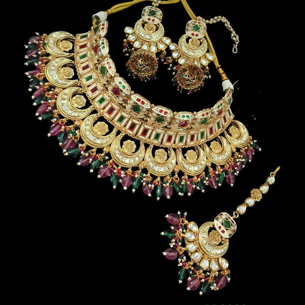 NAFJ Gold Plated Pota Stone And Pearls Meenakari Choker Necklace Set