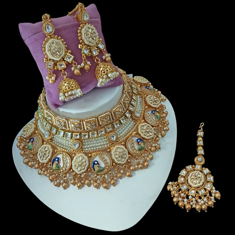 NAFJ Gold Plated Pota Stone And Pearls Meenakari Choker Necklace Set