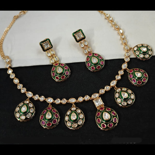 NAFJ Gold Plated Polki Kundan Stone Necklace Set