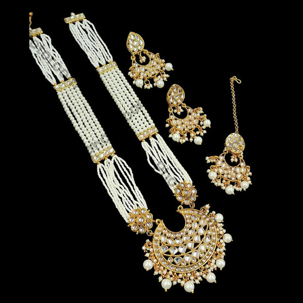 NAFJ Gold Plated Kundan Stone And Pearls Long Necklace Set