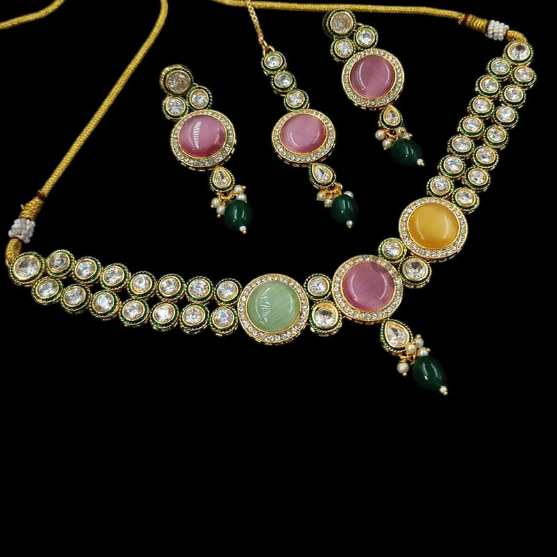 NAFJ Gold Plated Kundan Stone And Pearls Necklace Set