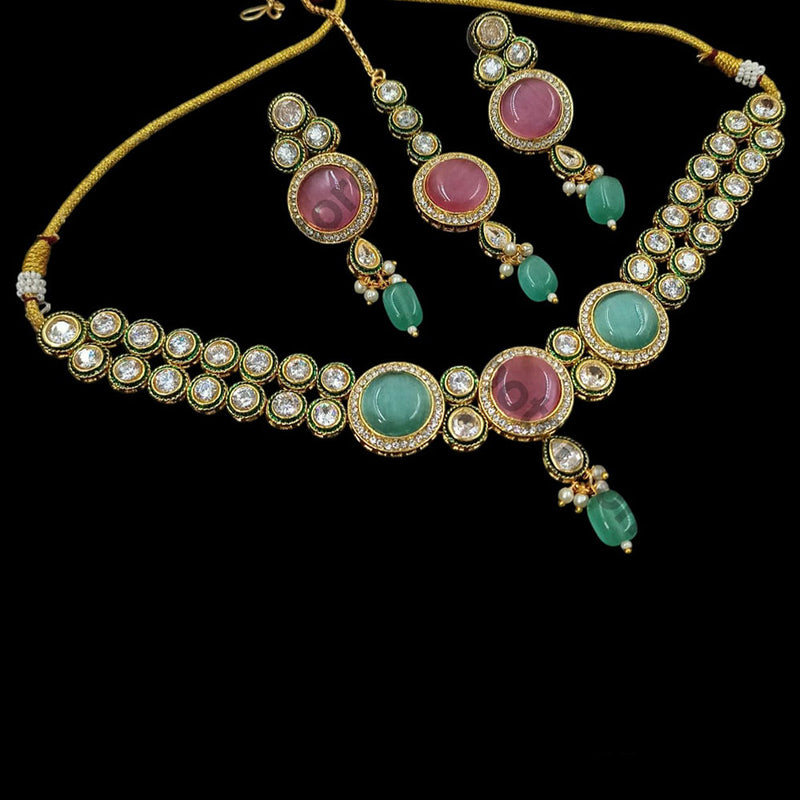 NAFJ Gold Plated Kundan Stone And Pearls Necklace Set