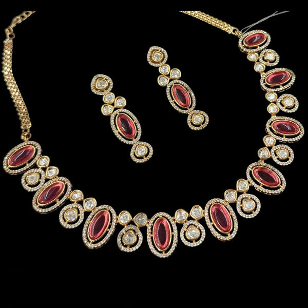 NAFJ Gold Plated Polki Kundan Stone Necklace Set