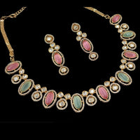 NAFJ Gold Plated Polki Kundan Stone Necklace Set