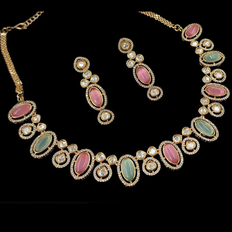 NAFJ Gold Plated Polki Kundan Stone Necklace Set