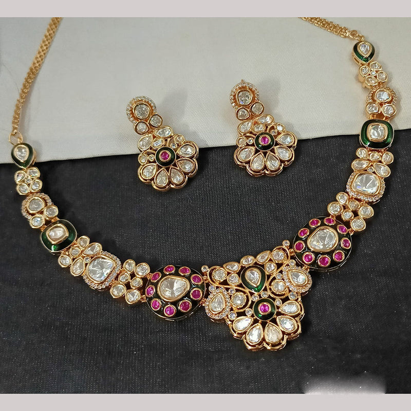 NAFJ Gold Plated Polki Kundan Stone Necklace Set