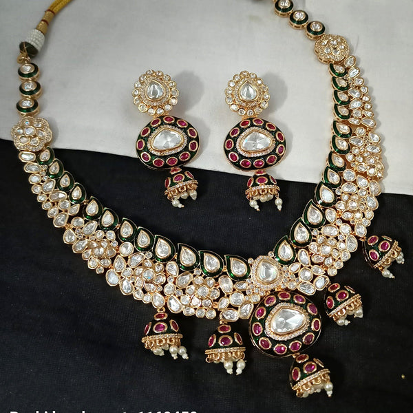 NAFJ Gold Plated Polki Kundan Stone And Pearls Necklace Set