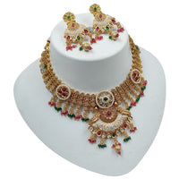 NAFJ Gold Plated Pota Stone And Pearls Meenakari Necklace Set