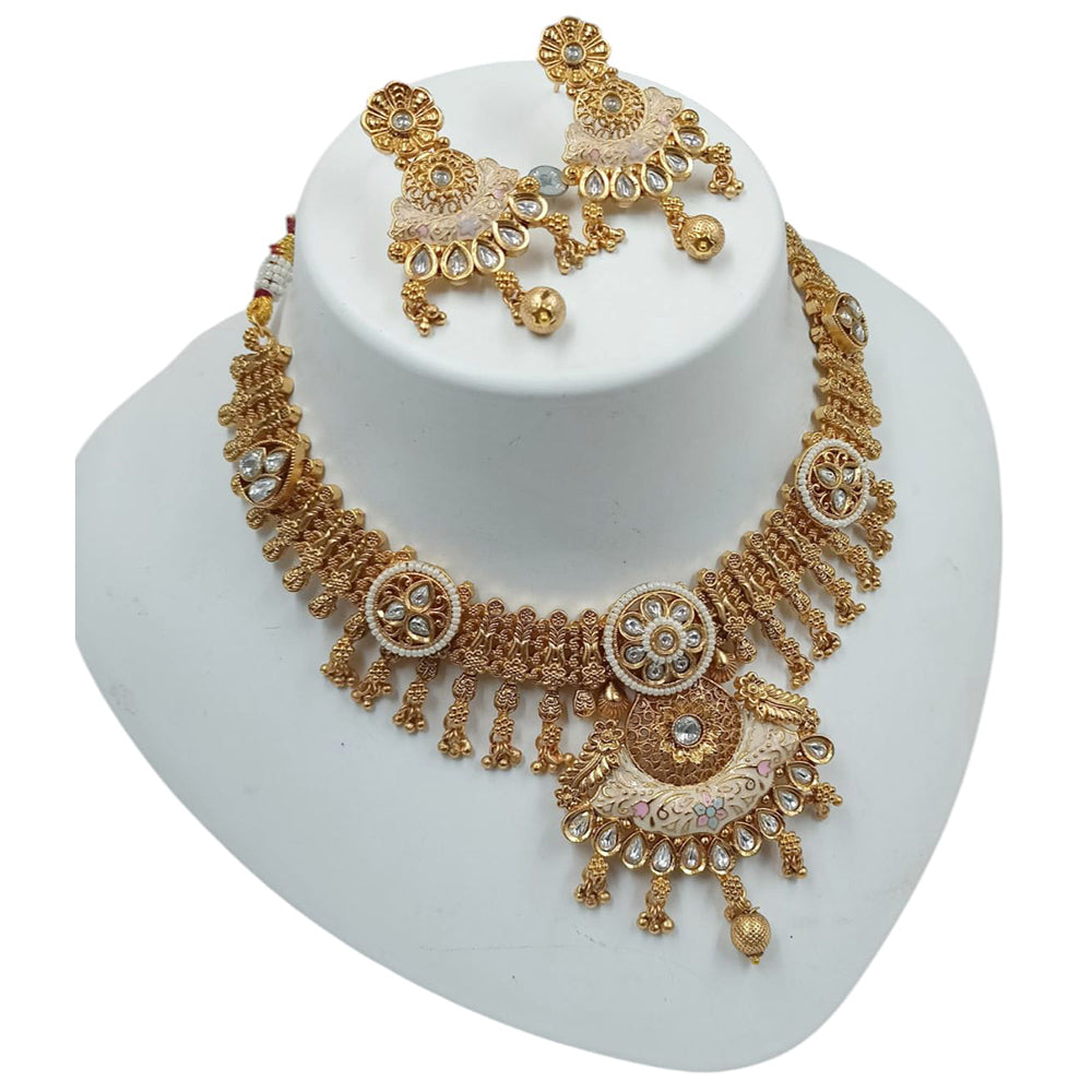 NAFJ Gold Plated Pota Stone And Pearls Meenakari Necklace Set