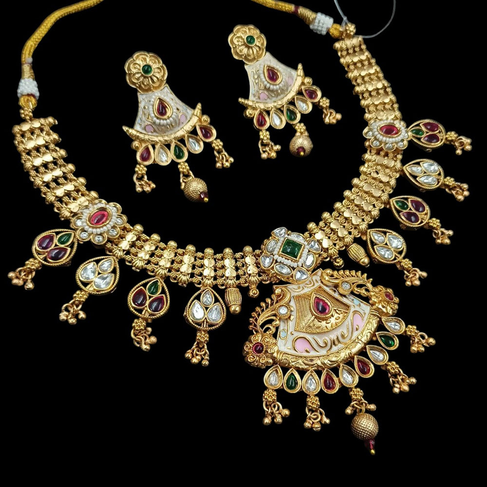 NAFJ Gold Plated Pota Stone And Pearls Meenakari Necklace Set