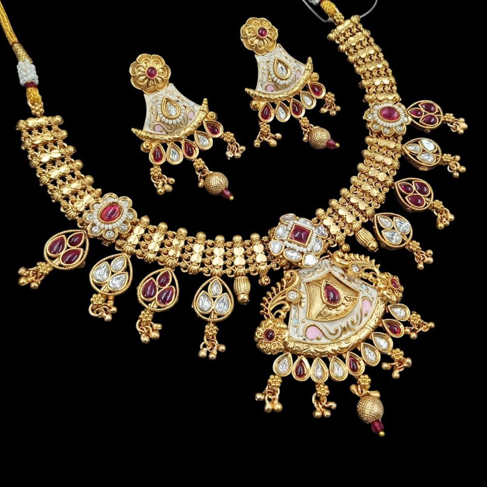 NAFJ Gold Plated Pota Stone And Pearls Meenakari Necklace Set