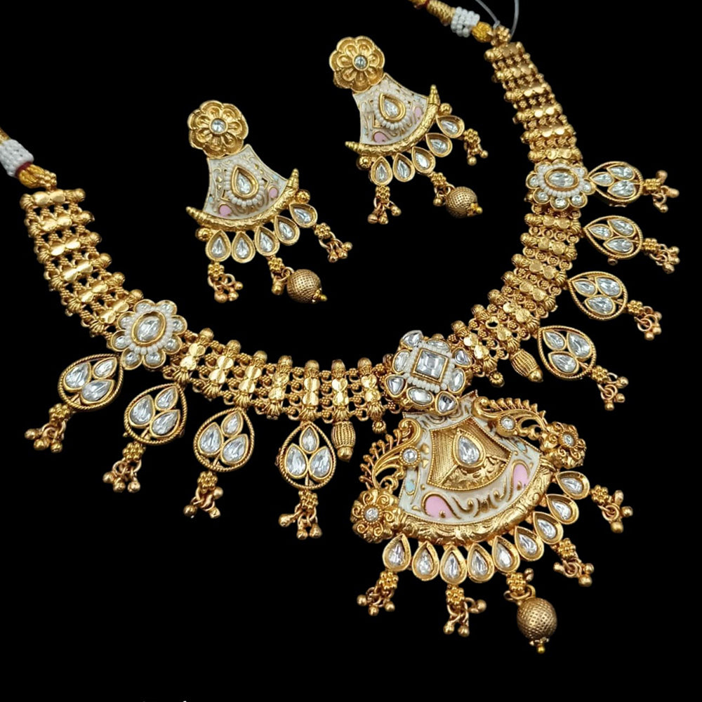 NAFJ Gold Plated Pota Stone And Pearls Meenakari Necklace Set