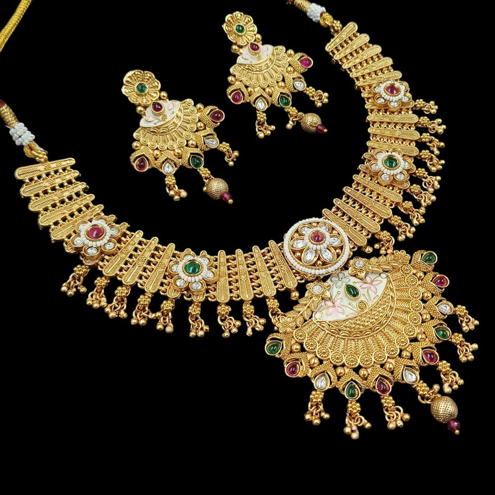 NAFJ Gold Plated Pota Stone And Pearls Meenakari Necklace Set