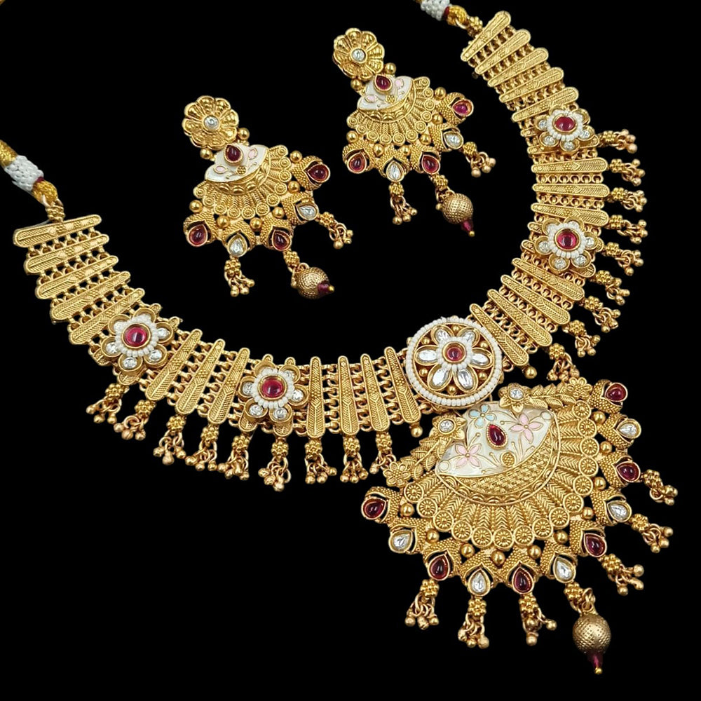 NAFJ Gold Plated Pota Stone And Pearls Meenakari Necklace Set