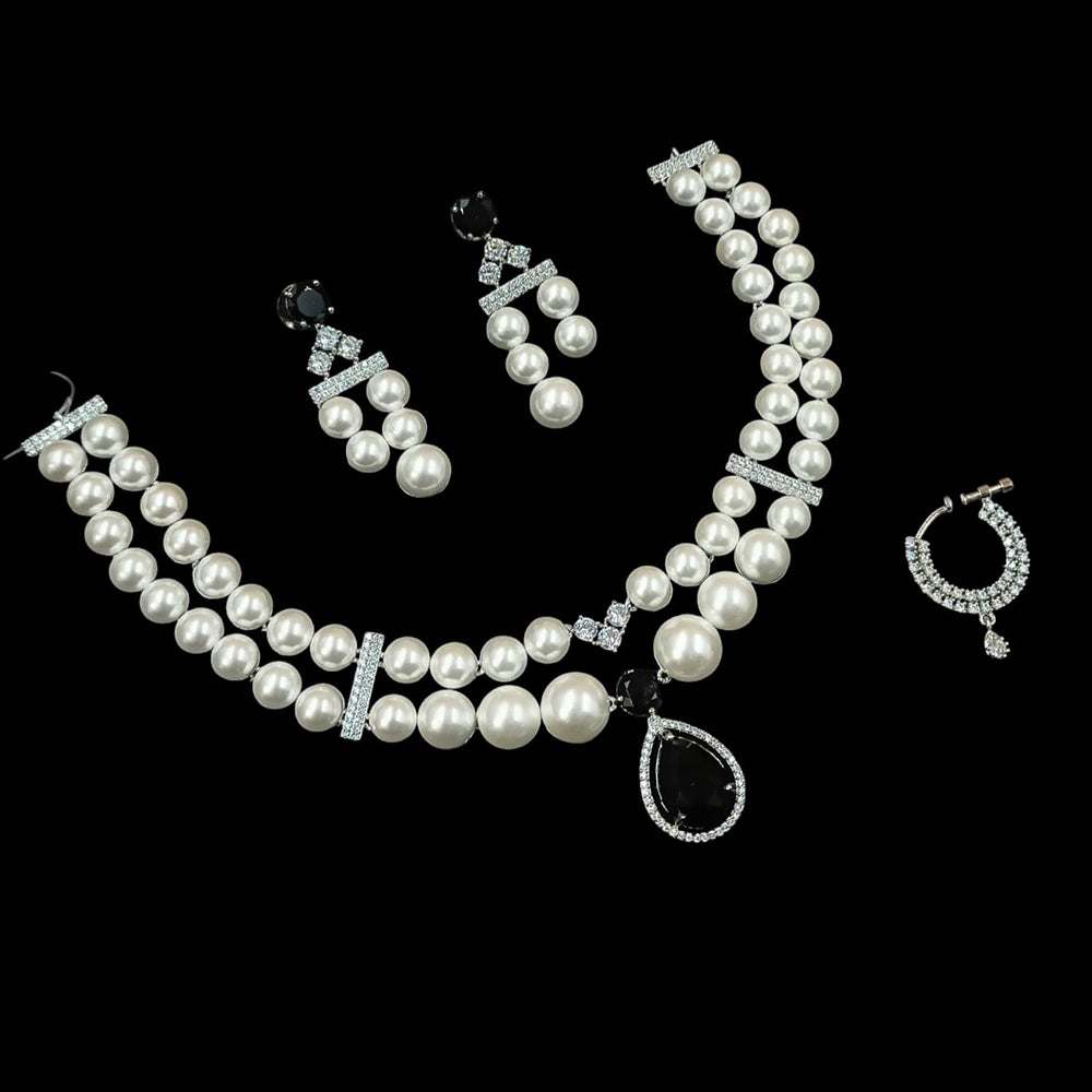 NAFJ Silver Plated American Diamond And Beads Necklace Set