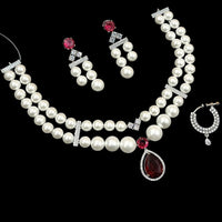 NAFJ Silver Plated American Diamond And Beads Necklace Set