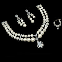 NAFJ Silver Plated American Diamond And Beads Necklace Set