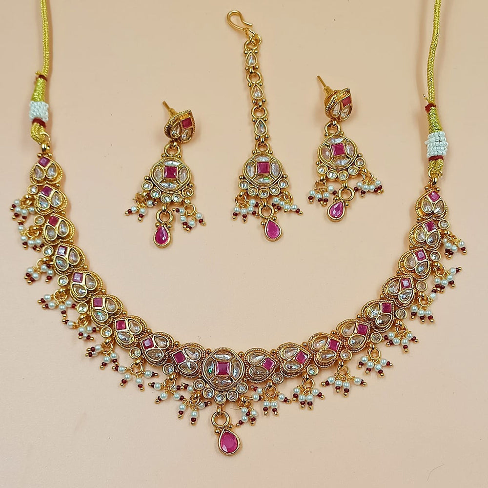 NAFJ Gold Plated Crystal Stone And Pearl Necklace Set