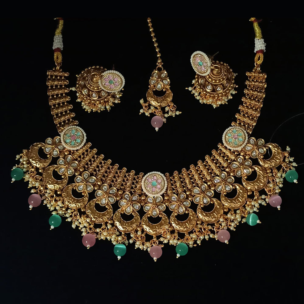 NAFJ Gold Plated Crystal Stone And Pearl Meenakari Necklace Set