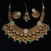 NAFJ Gold Plated Crystal Stone And Pearl Meenakari Necklace Set