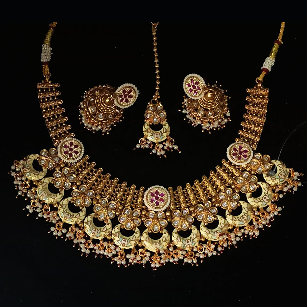 NAFJ Gold Plated Crystal Stone And Pearl Meenakari Necklace Set