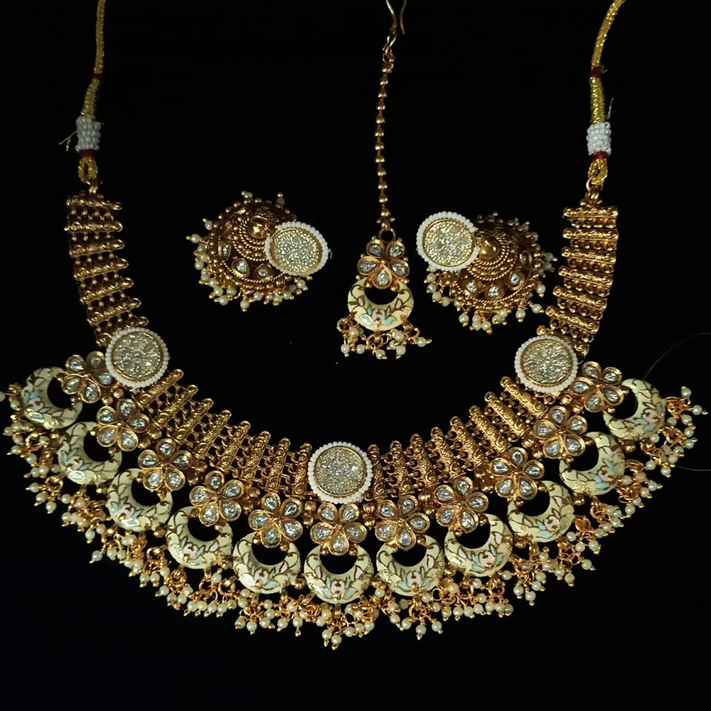 NAFJ Gold Plated Crystal Stone And Pearl Meenakari Necklace Set