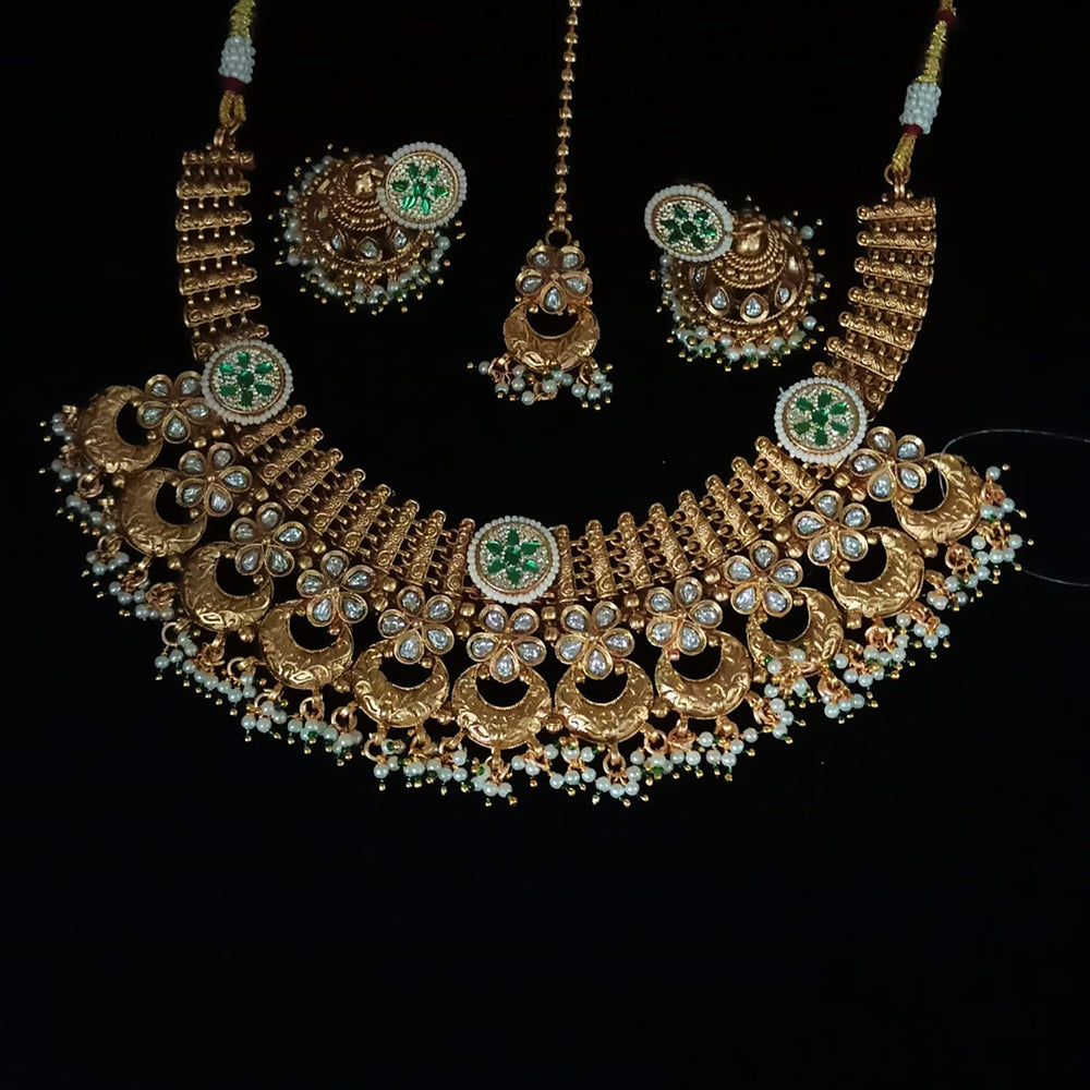 NAFJ Gold Plated Crystal Stone And Pearl Meenakari Necklace Set