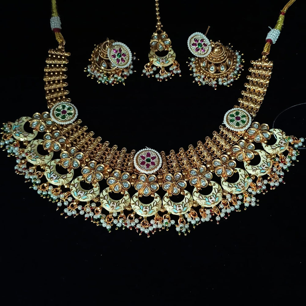 NAFJ Gold Plated Crystal Stone And Pearl Meenakari Necklace Set