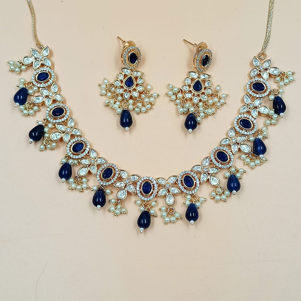NAFJ Gold Plated Polki Kundan Stone And Beads Necklace Set