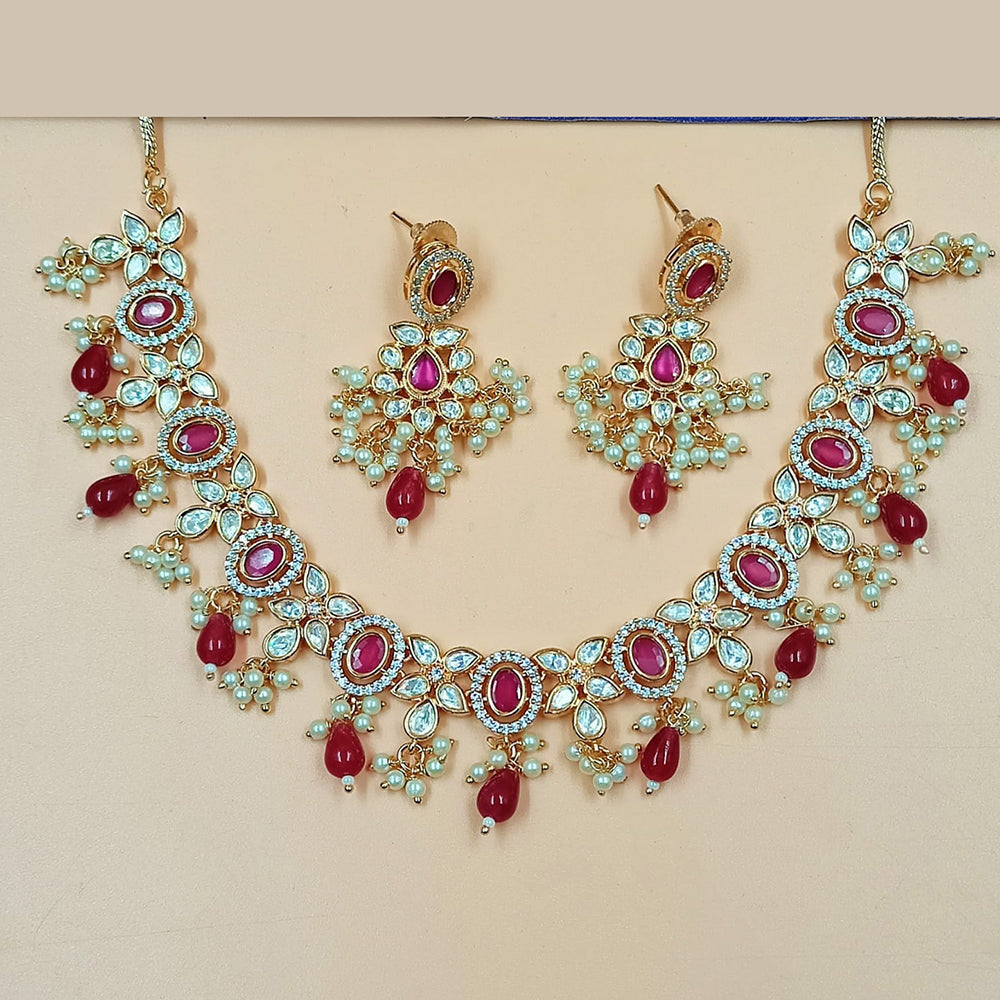 NAFJ Gold Plated Polki Kundan Stone And Beads Necklace Set
