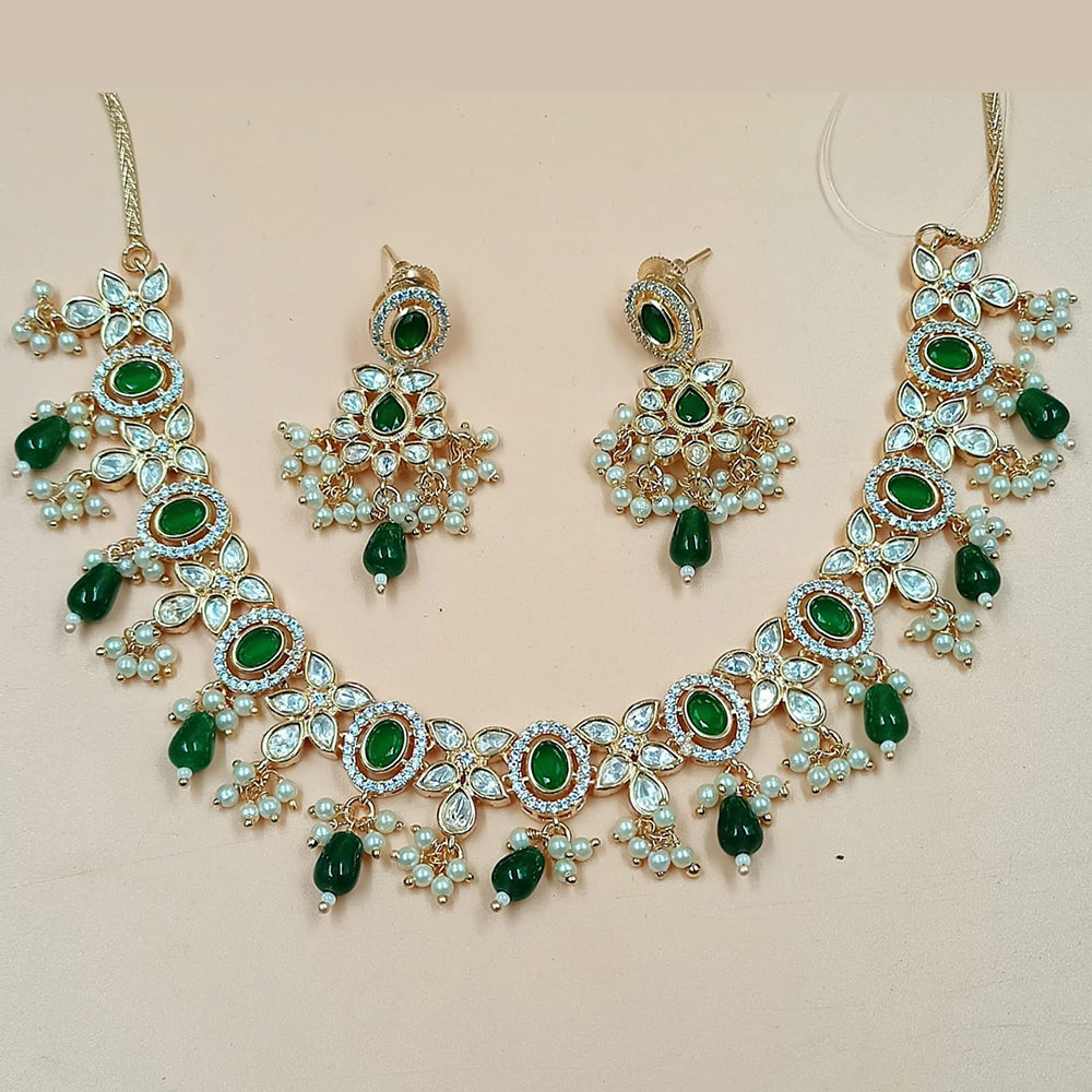 NAFJ Gold Plated Polki Kundan Stone And Beads Necklace Set