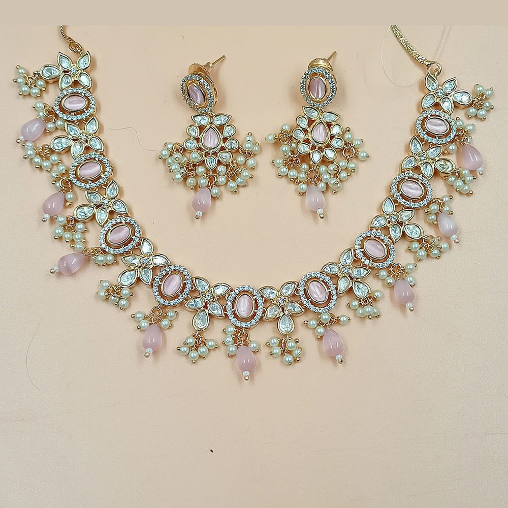 NAFJ Gold Plated Polki Kundan Stone And Beads Necklace Set