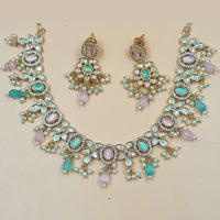 NAFJ Gold Plated Polki Kundan Stone And Beads Necklace Set