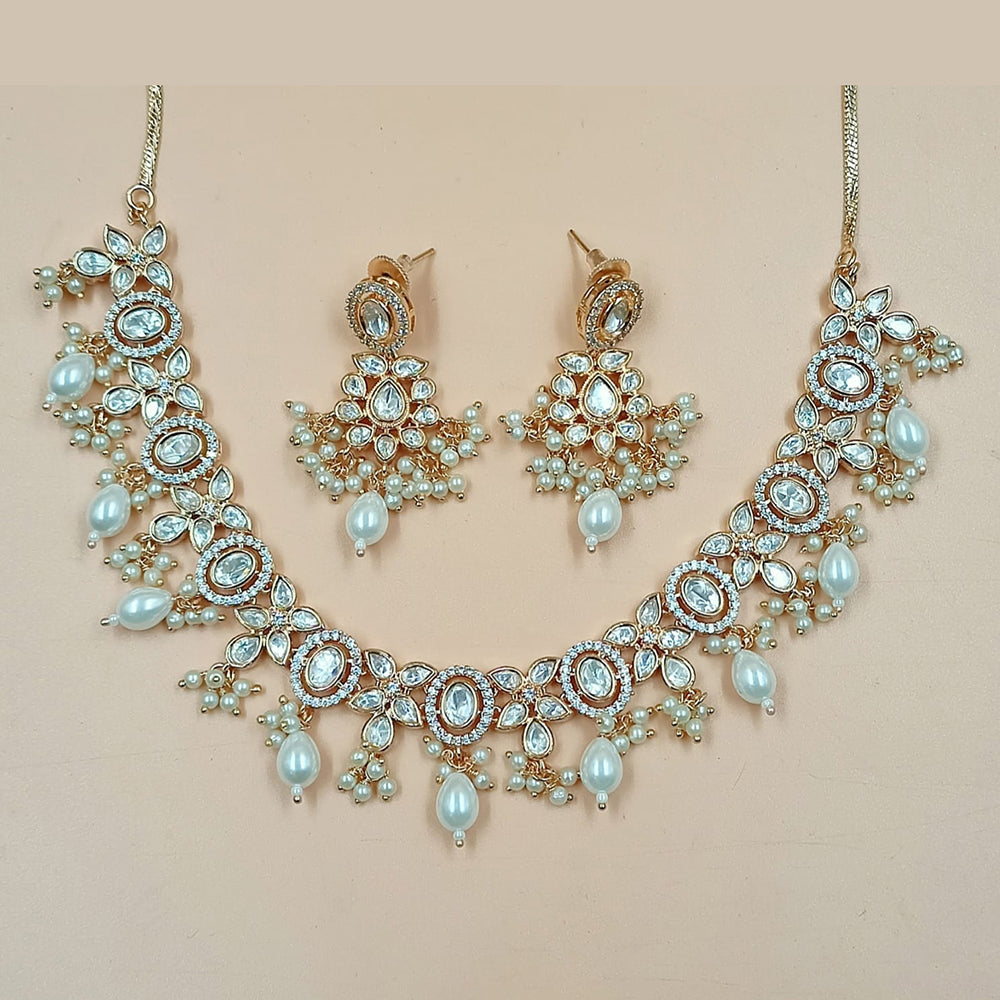 NAFJ Gold Plated Polki Kundan Stone And Beads Necklace Set