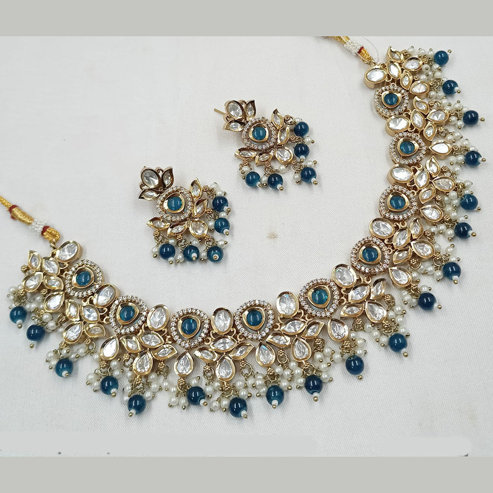 NAFJ Gold Plated Polki Kundan Stone And Beads Necklace Set