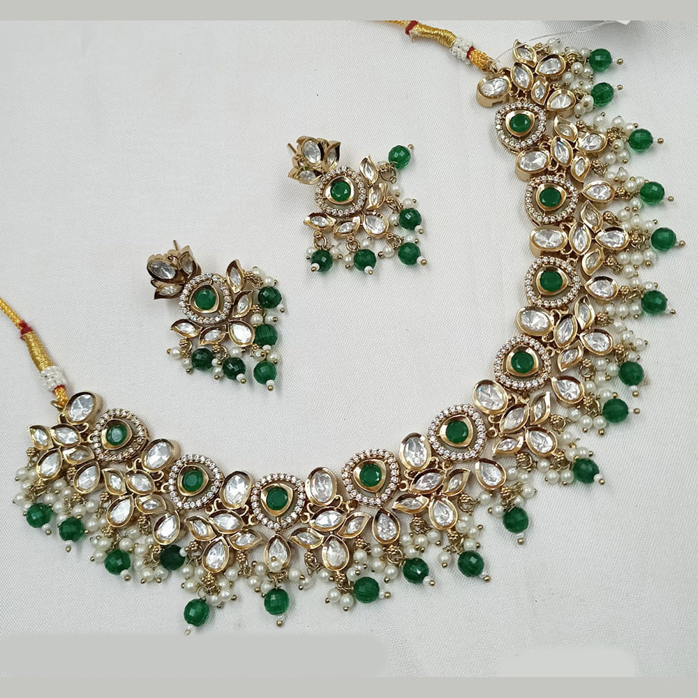 NAFJ Gold Plated Polki Kundan Stone And Beads Necklace Set