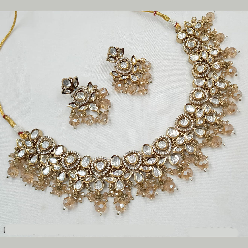 NAFJ Gold Plated Polki Kundan Stone And Beads Necklace Set