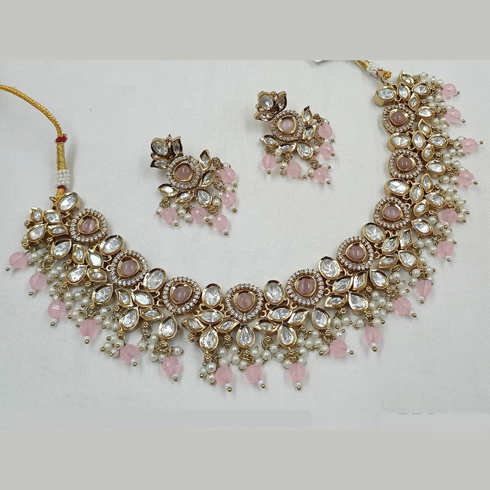 NAFJ Gold Plated Polki Kundan Stone And Beads Necklace Set