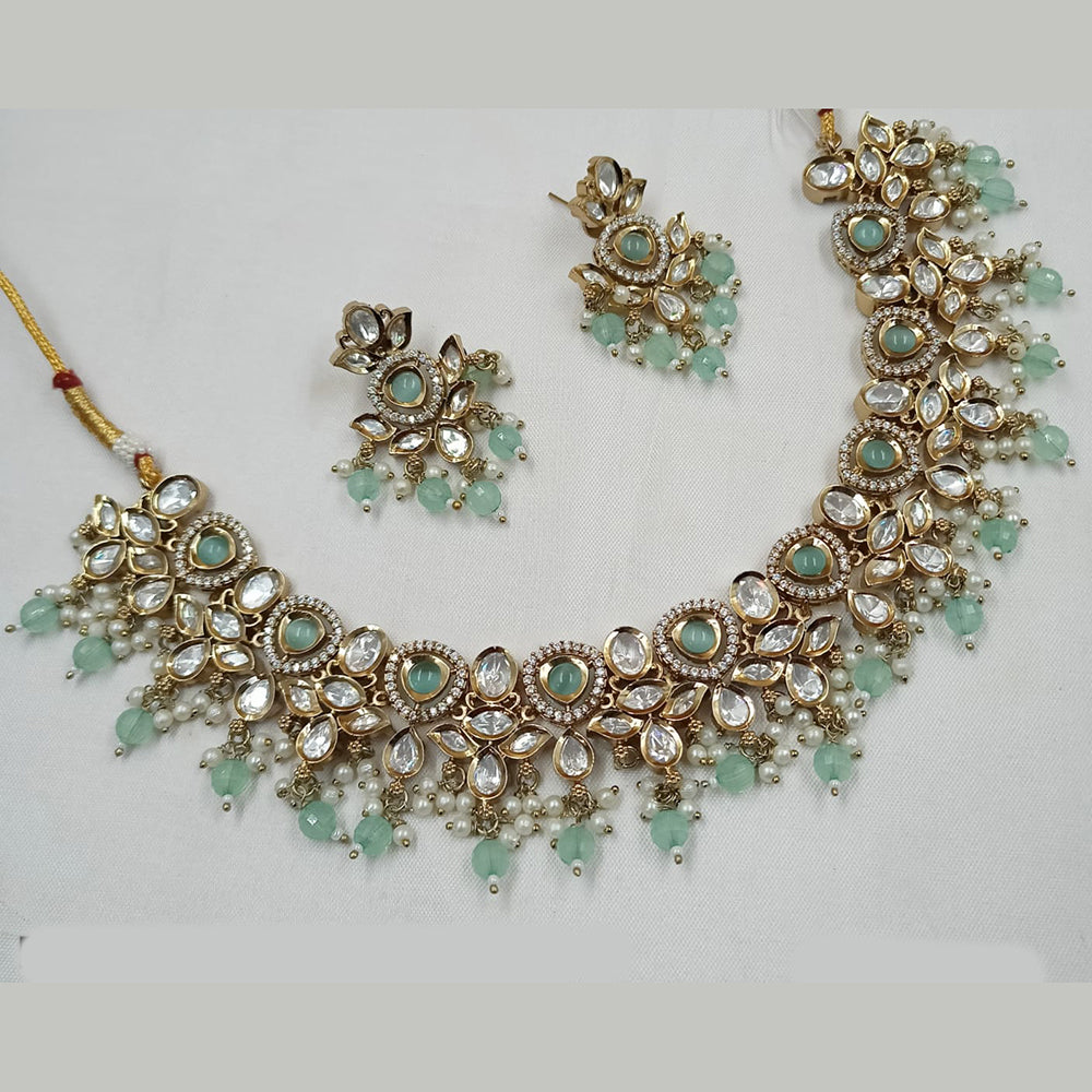 NAFJ Gold Plated Polki Kundan Stone And Beads Necklace Set