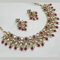 NAFJ Gold Plated Polki Kundan Stone And Beads Necklace Set