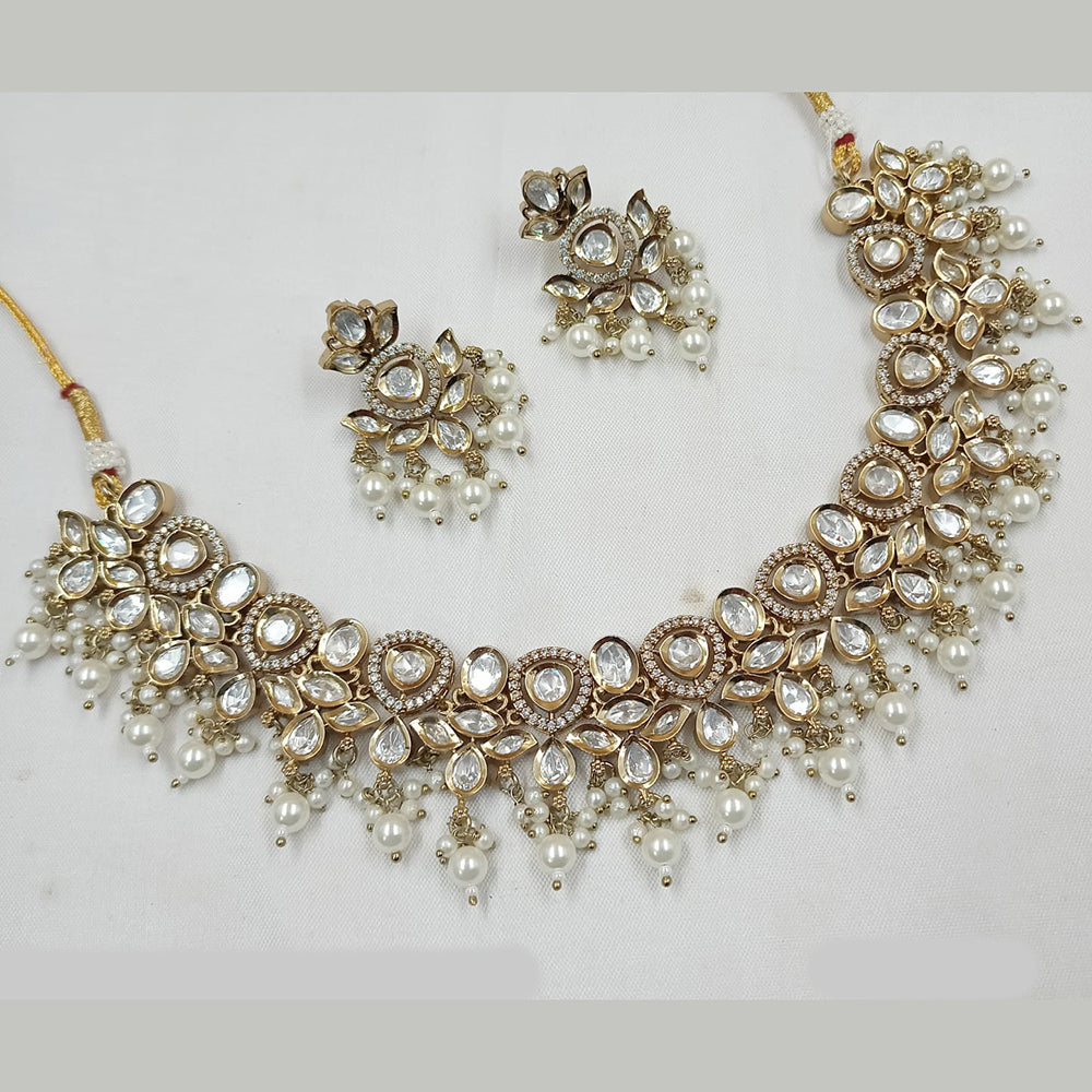 NAFJ Gold Plated Polki Kundan Stone And Beads Necklace Set