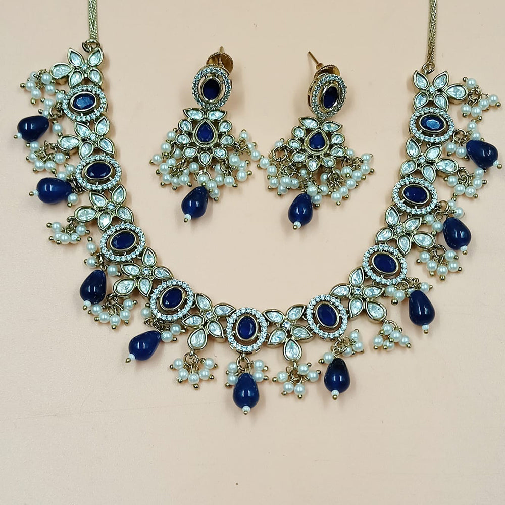 NAFJ Gold Plated Polki Kundan Stone And Beads Necklace Set